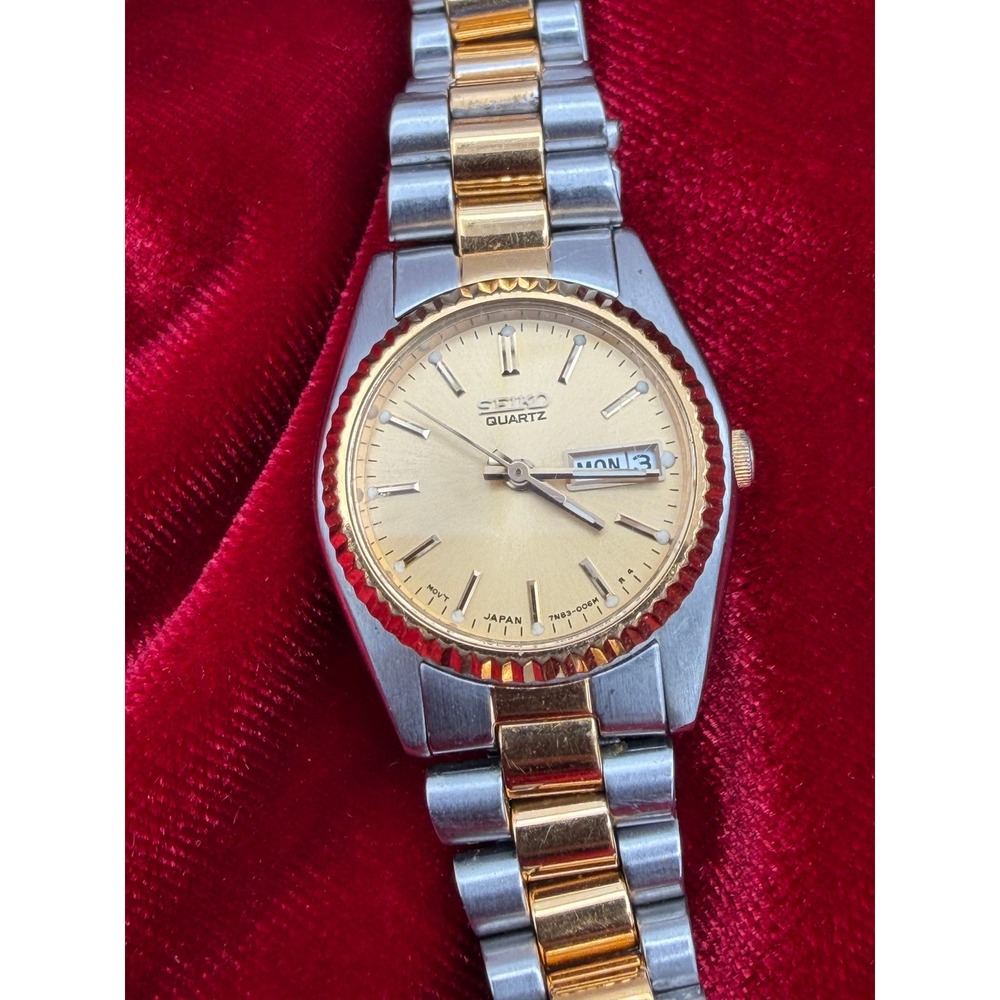 Seiko Quartz Two Tone Watch 7N83-0041 Gold Silver Day Date  36mm Untested